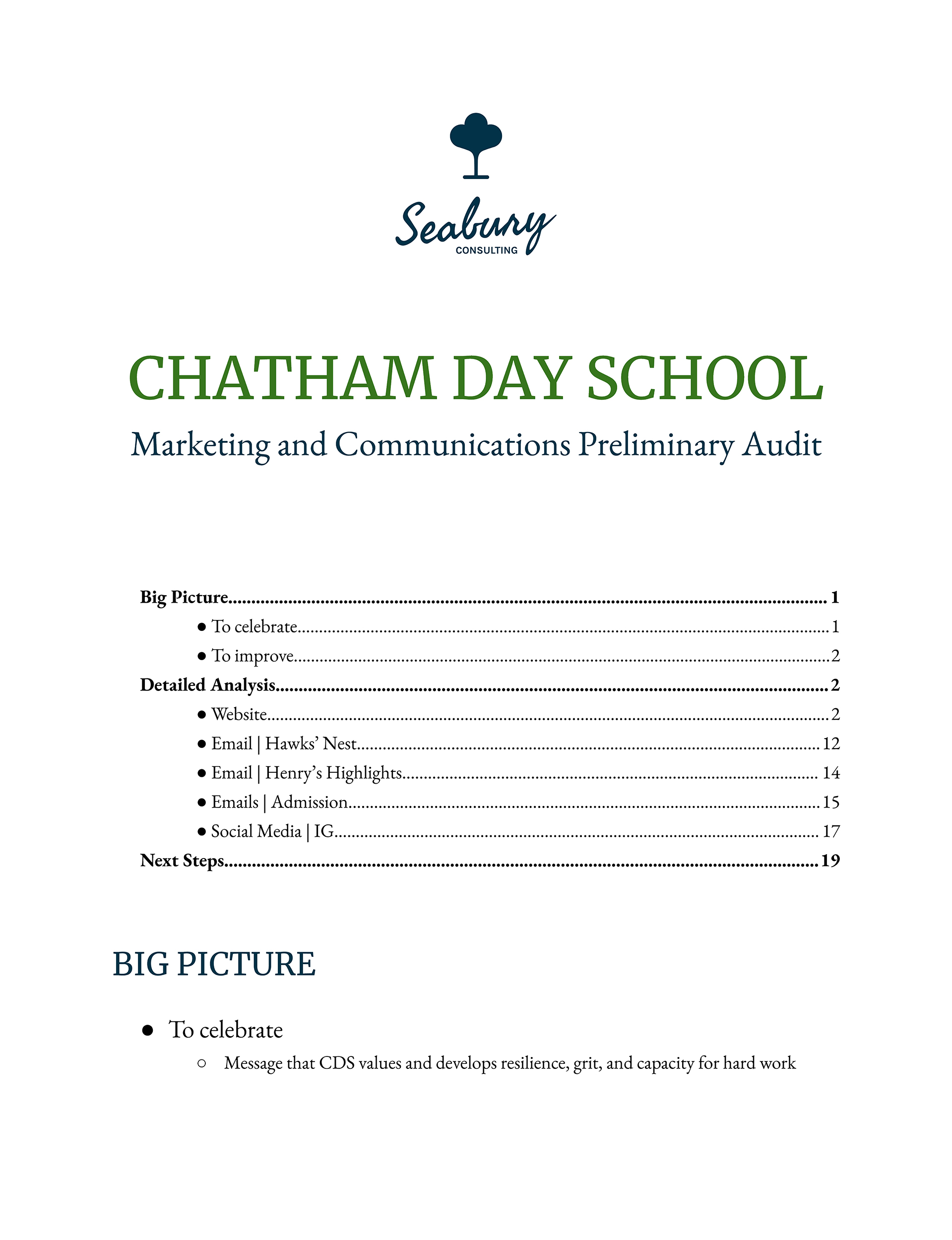 Table of Contents page for Chatham Day School Marketing and Communications Preliminary Audit