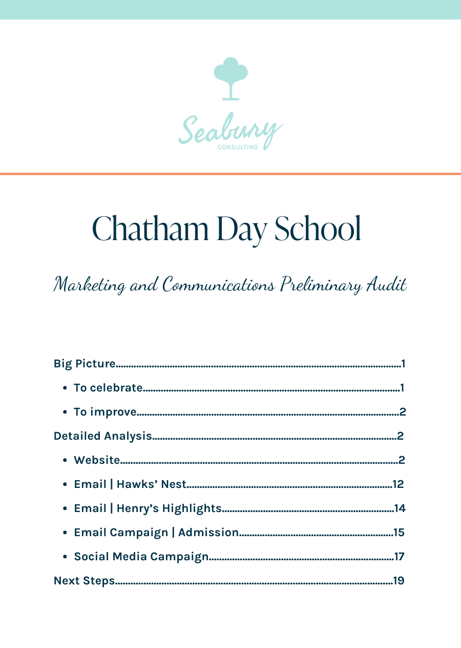 Cover page of Chatham Day School Marketing and Communications Preliminary Audit