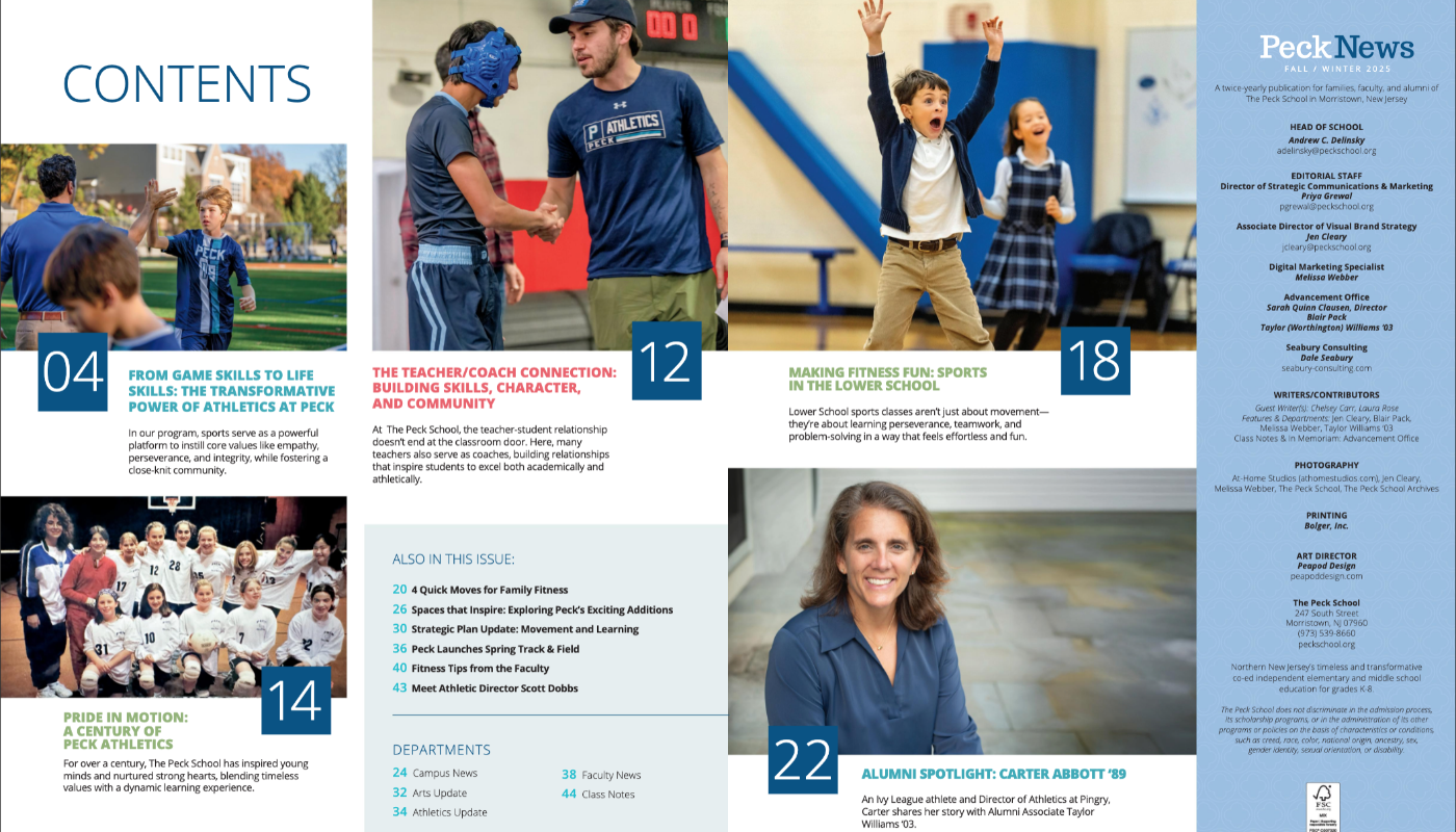 Table of Contents spread of Peck News (school magazine) Athletics Issue